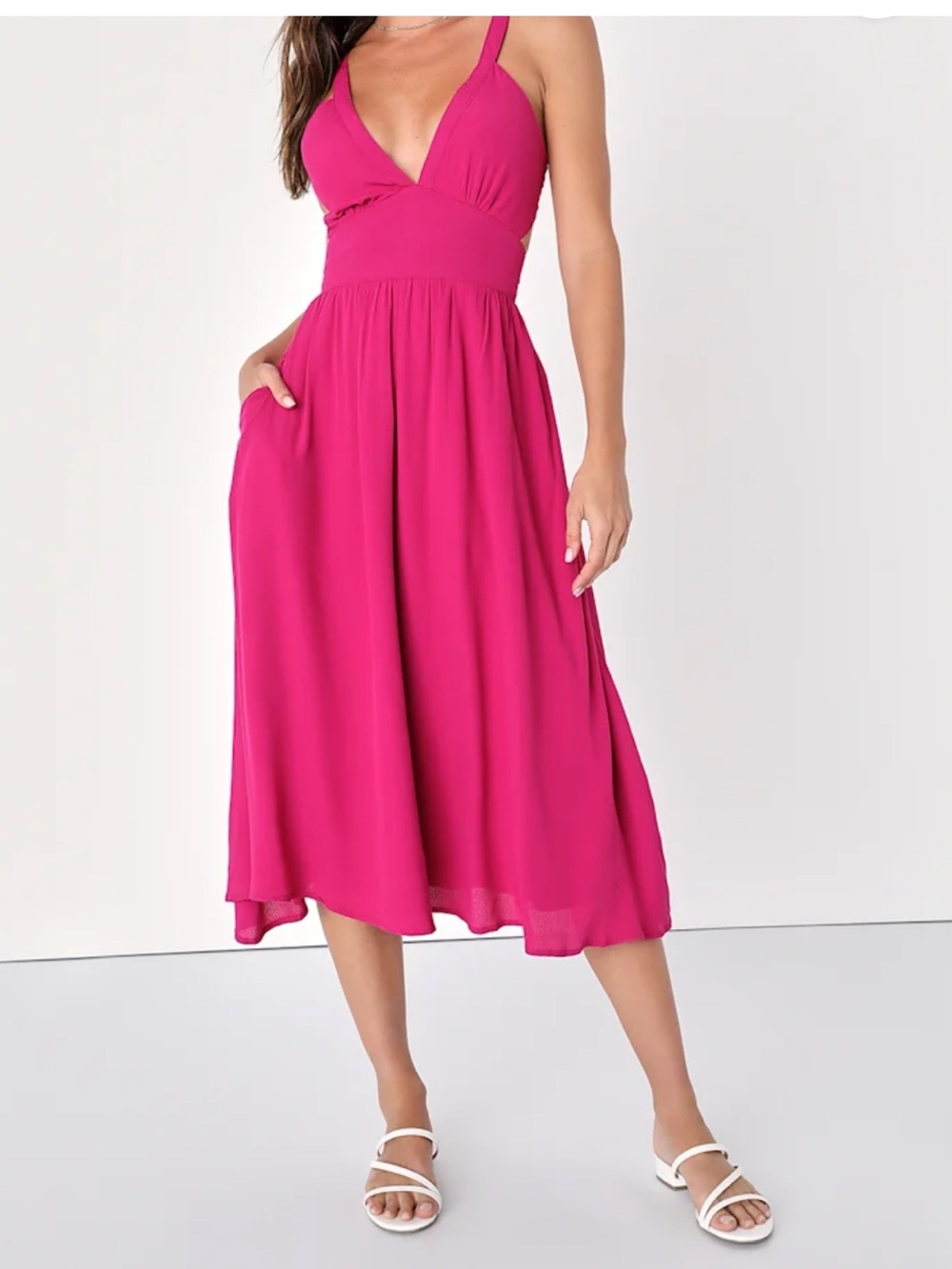 Lulu's Hot Pink V-Neck Midi Dress with Pockets
